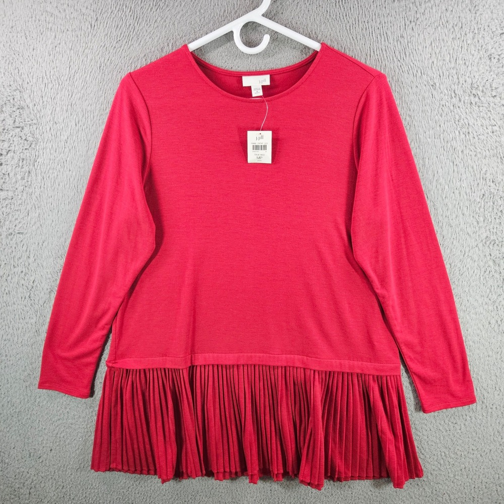 J. Jill True Red Pleated Hem Knit Tunic Top Womens Medium Petite MP New NWT